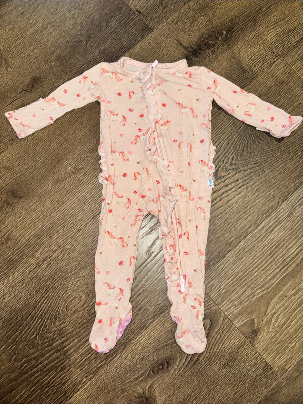Posh Peanut Light Pink Unicorn Ruffle-Trim Footed One-Piece Newborn